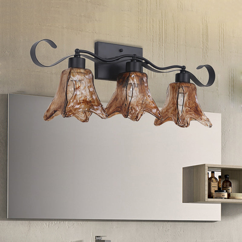 Flower Shaped Glass Vanity Light With Textured Tan Finish 2/3 Lights Wall Mounted In Black For Your