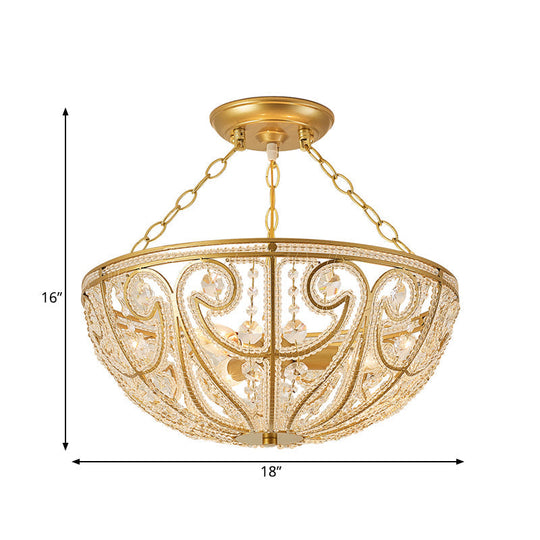 Gold Crystal 1 Light Bedroom Flush Mount Lamp - Contemporary Semi Lighting