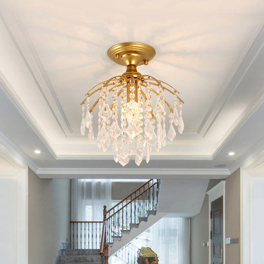 Gold Crystal Cascading Semi Flush Lamp - Traditional Hallway Ceiling Light with 1 Bulb