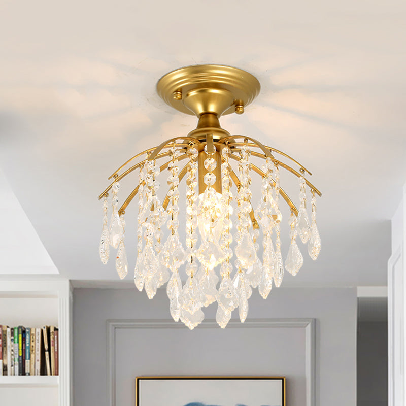 Gold Crystal Cascading Semi Flush Lamp - Traditional Hallway Ceiling Light with 1 Bulb