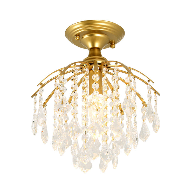 Gold Crystal Cascading Semi Flush Lamp - Traditional Hallway Ceiling Light with 1 Bulb