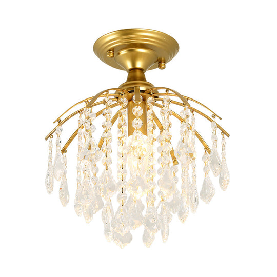 Gold Crystal Cascading Semi Flush Lamp - Traditional Hallway Ceiling Light With 1 Bulb