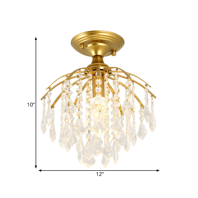 Gold Crystal Cascading Semi Flush Lamp - Traditional Hallway Ceiling Light with 1 Bulb