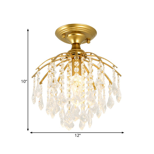 Gold Crystal Cascading Semi Flush Lamp - Traditional Hallway Ceiling Light With 1 Bulb