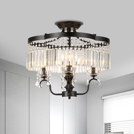 Transitional Iron Floral Frame Semi Flush Chandelier, 4/6-Light Ceiling Lamp with Crystal Cascade, Black/Gold Finish