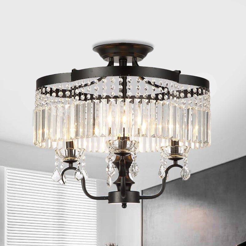 Transitional Iron Floral Frame Semi Flush Chandelier, 4/6-Light Ceiling Lamp with Crystal Cascade, Black/Gold Finish