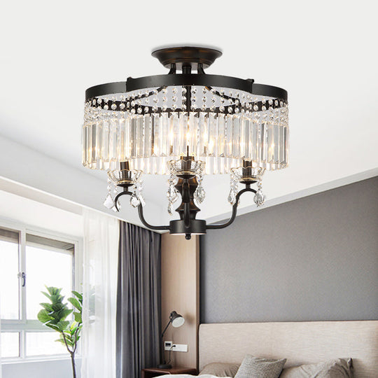 Transitional Iron Floral Frame Semi Flush Chandelier, 4/6-Light Ceiling Lamp with Crystal Cascade, Black/Gold Finish