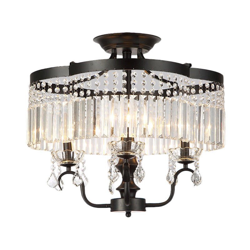 Transitional Iron Floral Frame Semi Flush Chandelier, 4/6-Light Ceiling Lamp with Crystal Cascade, Black/Gold Finish