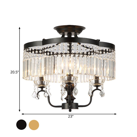 Transitional Iron Floral Frame Semi Flush Chandelier, 4/6-Light Ceiling Lamp with Crystal Cascade, Black/Gold Finish