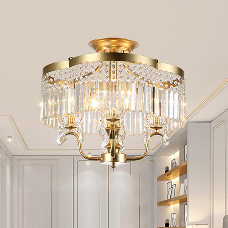 Transitional Iron Floral Frame Semi Flush Chandelier, 4/6-Light Ceiling Lamp with Crystal Cascade, Black/Gold Finish