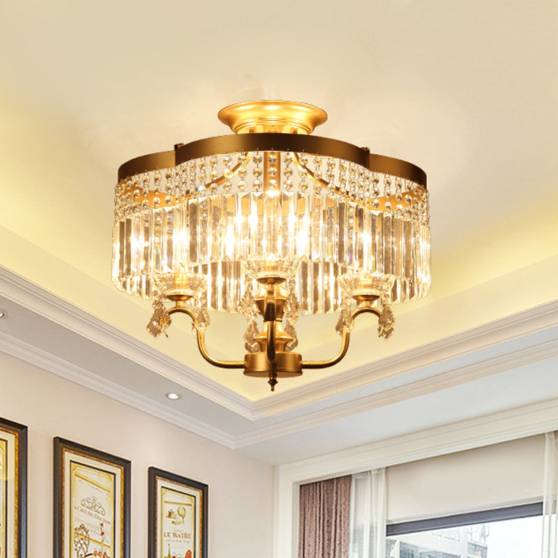 Transitional Iron Floral Frame Semi Flush Chandelier, 4/6-Light Ceiling Lamp with Crystal Cascade, Black/Gold Finish