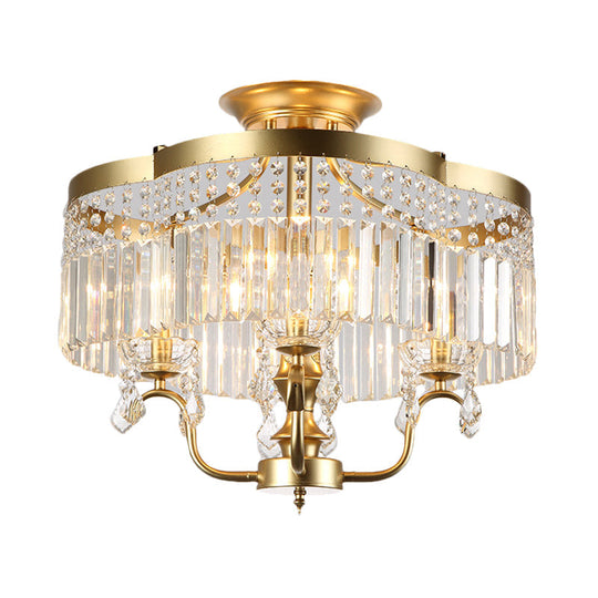 Transitional Iron Floral Frame Semi Flush Chandelier, 4/6-Light Ceiling Lamp with Crystal Cascade, Black/Gold Finish