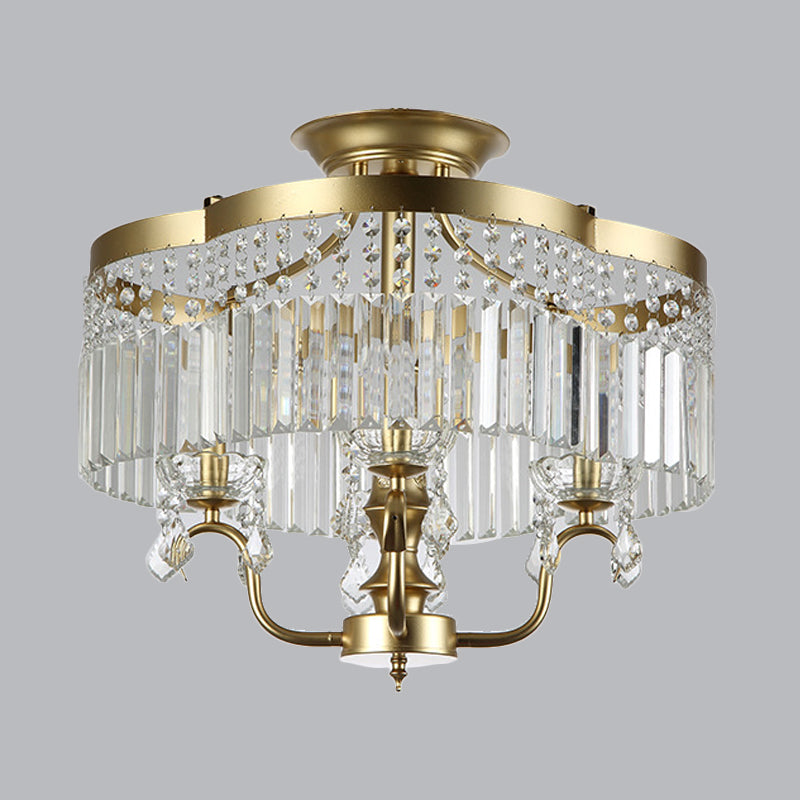 Transitional Iron Floral Frame Semi Flush Chandelier, 4/6-Light Ceiling Lamp with Crystal Cascade, Black/Gold Finish