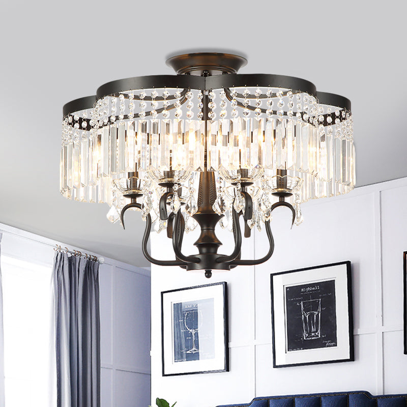 Transitional Iron Floral Frame Semi Flush Chandelier, 4/6-Light Ceiling Lamp with Crystal Cascade, Black/Gold Finish