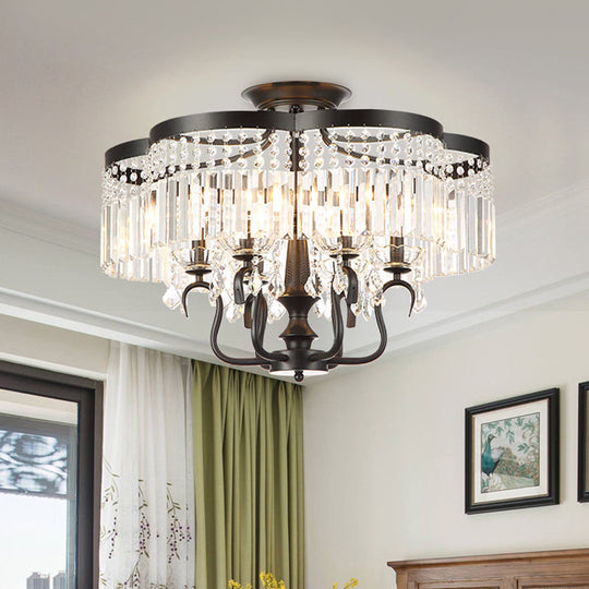 Transitional Iron Floral Frame Semi Flush Chandelier, 4/6-Light Ceiling Lamp with Crystal Cascade, Black/Gold Finish