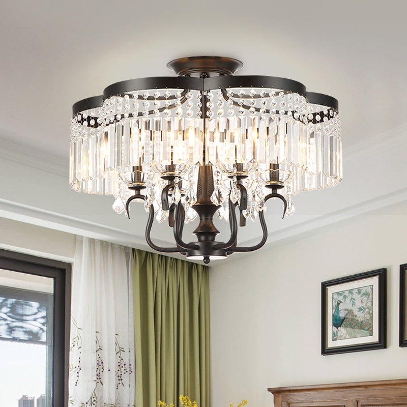 Transitional Iron Floral Frame Semi Flush Chandelier 4/6-Light Ceiling Lamp With Crystal Cascade