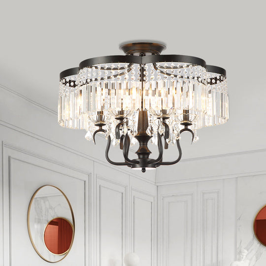 Transitional Iron Floral Frame Semi Flush Chandelier 4/6-Light Ceiling Lamp With Crystal Cascade