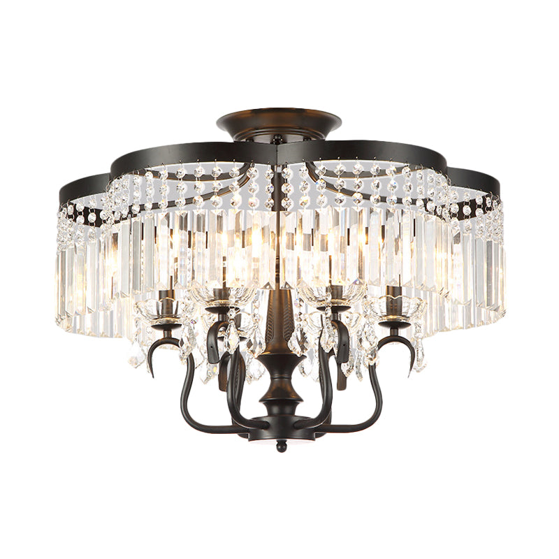 Transitional Iron Floral Frame Semi Flush Chandelier, 4/6-Light Ceiling Lamp with Crystal Cascade, Black/Gold Finish