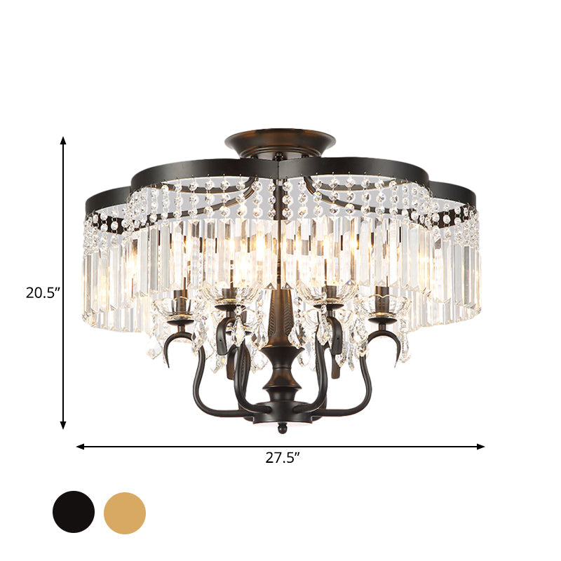 Transitional Iron Floral Frame Semi Flush Chandelier, 4/6-Light Ceiling Lamp with Crystal Cascade, Black/Gold Finish