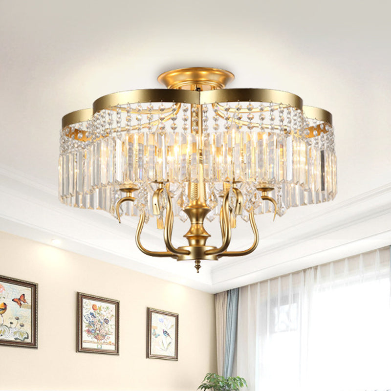 Transitional Iron Floral Frame Semi Flush Chandelier, 4/6-Light Ceiling Lamp with Crystal Cascade, Black/Gold Finish