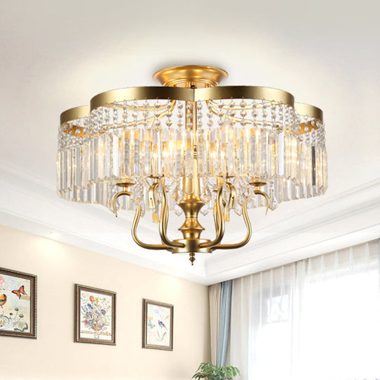 Transitional Iron Floral Frame Semi Flush Chandelier 4/6-Light Ceiling Lamp With Crystal Cascade