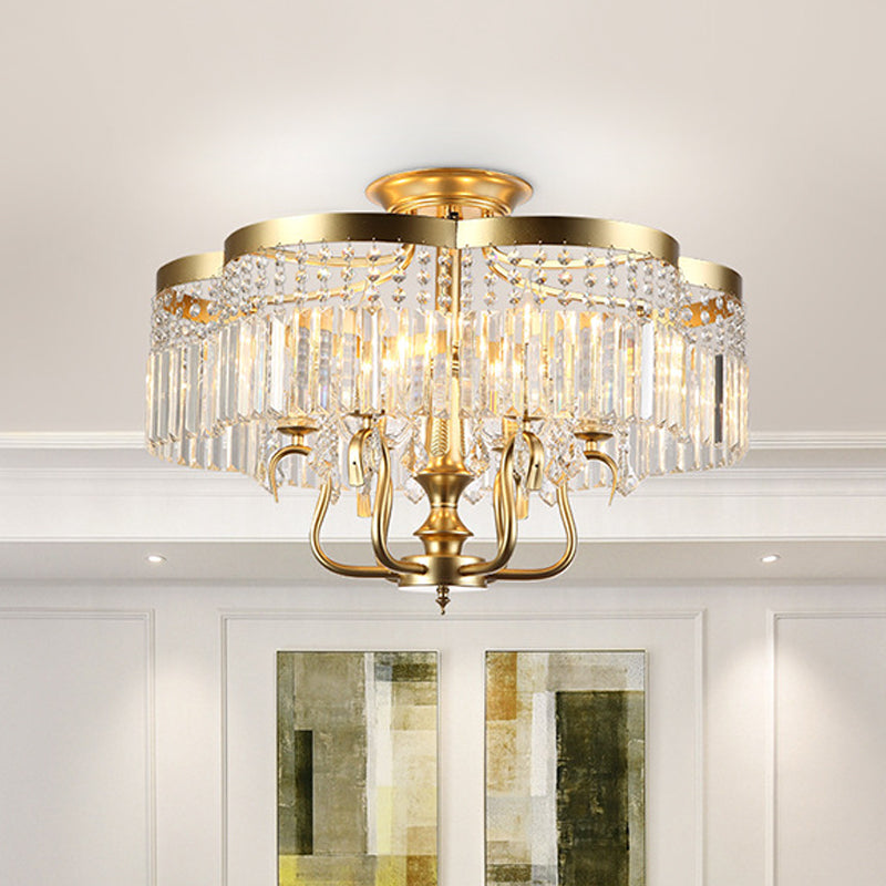 Transitional Iron Floral Frame Semi Flush Chandelier, 4/6-Light Ceiling Lamp with Crystal Cascade, Black/Gold Finish