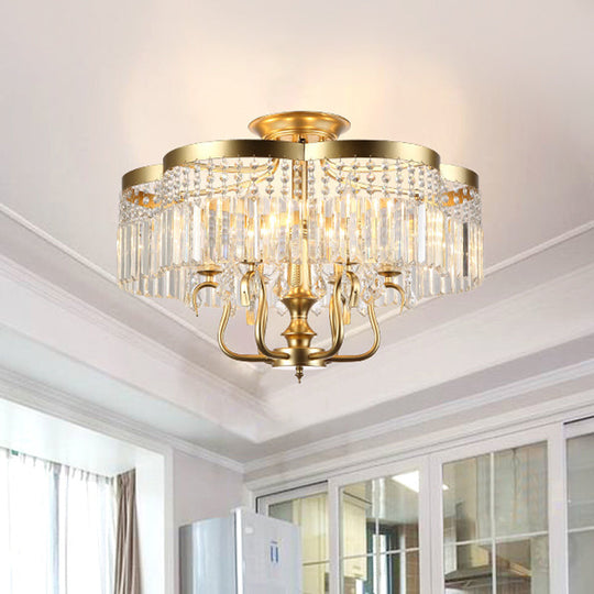 Transitional Iron Floral Frame Semi Flush Chandelier, 4/6-Light Ceiling Lamp with Crystal Cascade, Black/Gold Finish