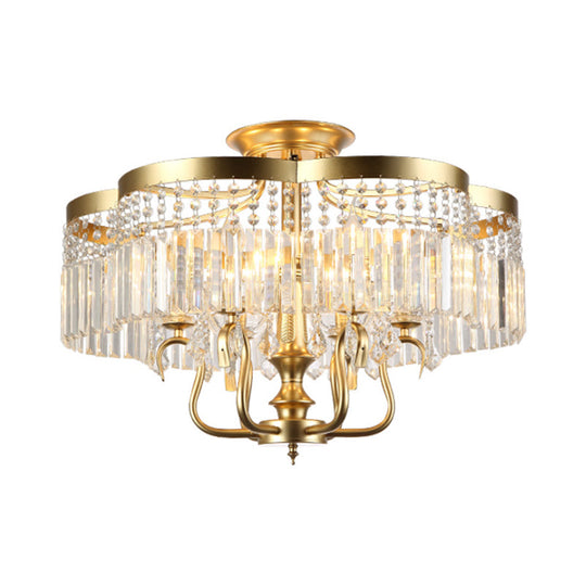 Transitional Iron Floral Frame Semi Flush Chandelier, 4/6-Light Ceiling Lamp with Crystal Cascade, Black/Gold Finish