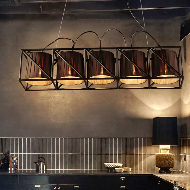 Traditional Black Fabric Suspension Pendant With 5-Light Barrels - Perfect For Restaurants