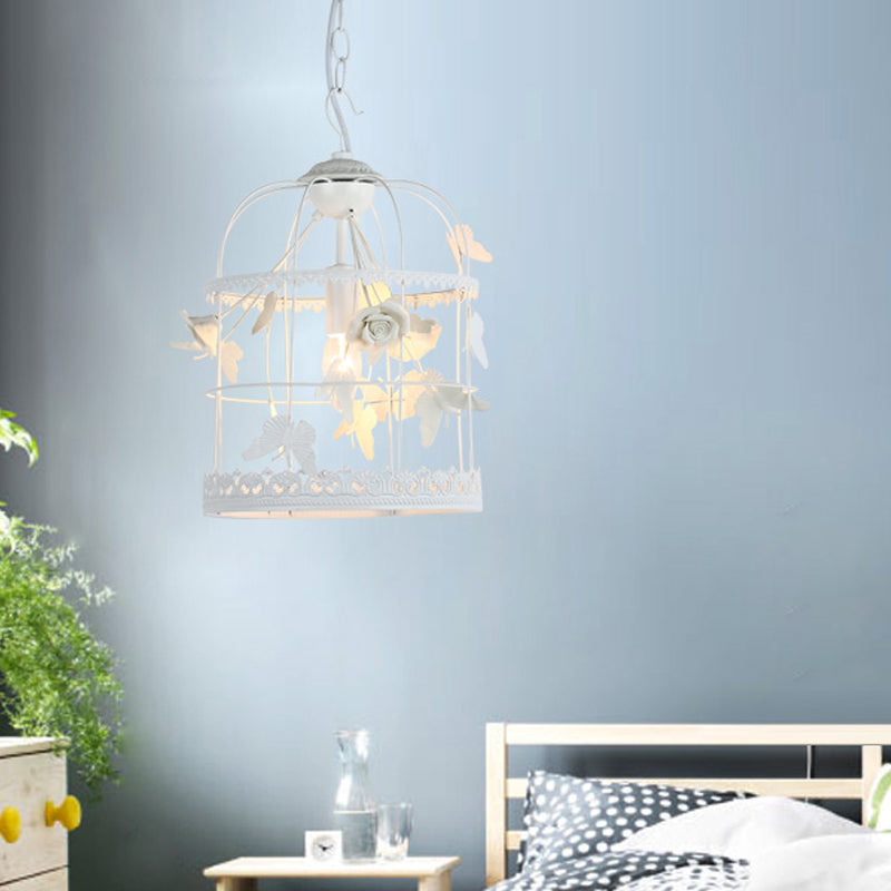 Traditional Metal Hanging Ceiling Light - White Bird Cage Bedroom Pendant