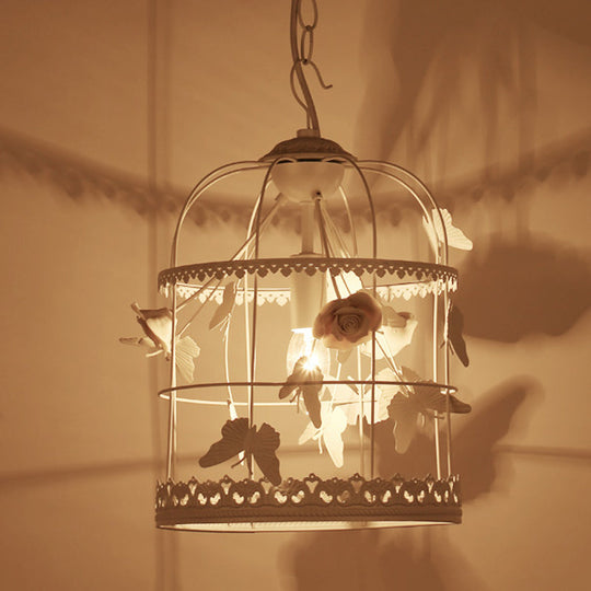 Traditional Metal Hanging Ceiling Light - White Bird Cage Bedroom Pendant