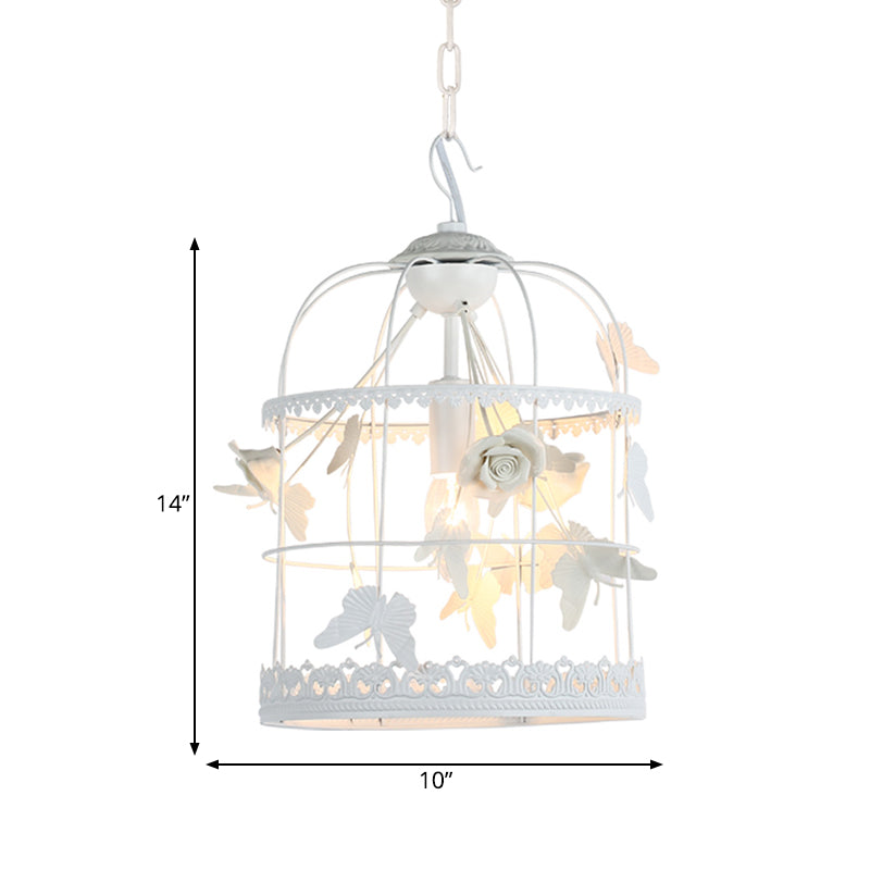 Traditional Metal Hanging Ceiling Light - White Bird Cage Bedroom Pendant