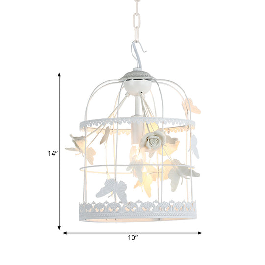 Traditional Metal Hanging Ceiling Light - White Bird Cage Bedroom Pendant