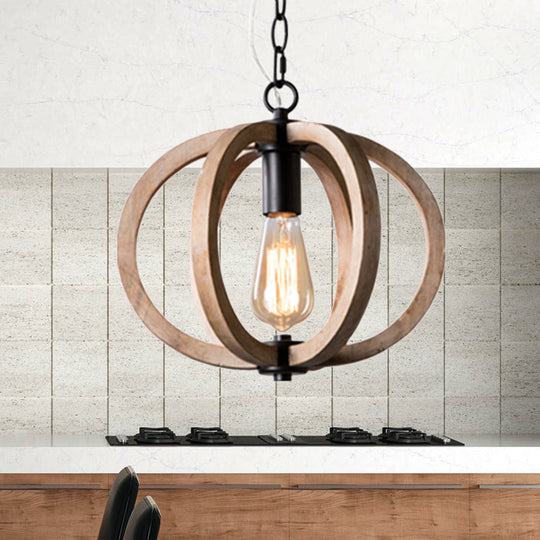 Traditional Wood Brown Hanging Ceiling Light 1 Orb/Gourd Design 8.5/9/13 Wide