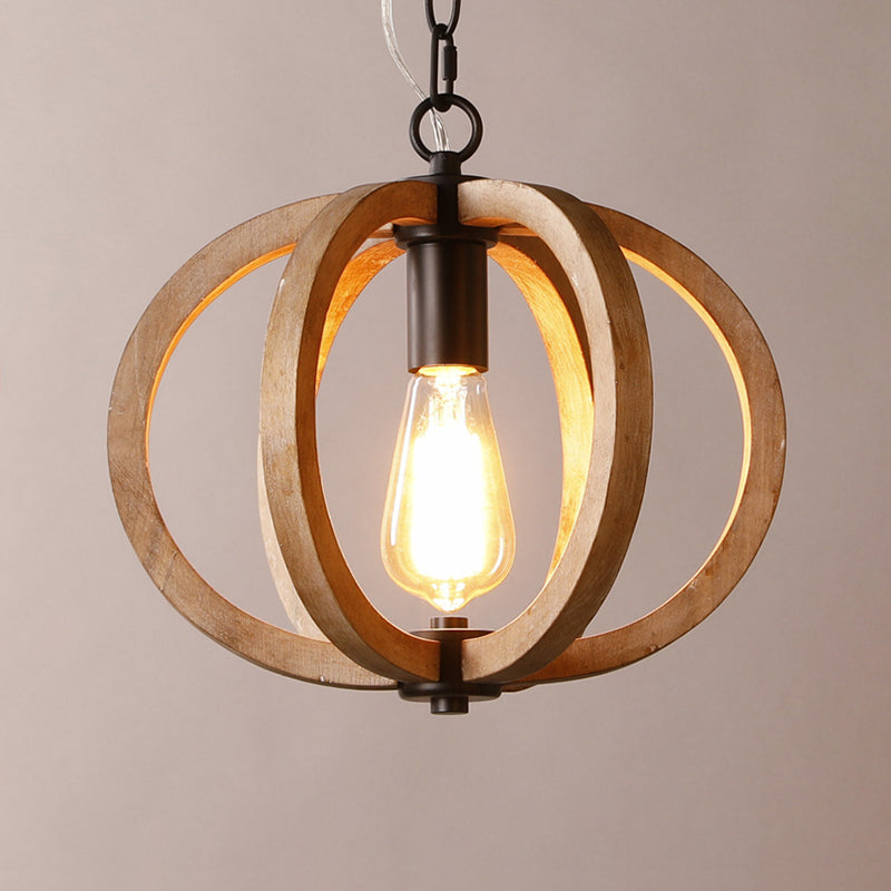 Traditional Wood Brown Hanging Ceiling Light 1 Orb/Gourd Design 8.5/9/13 Wide