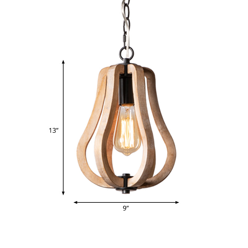 Traditional Wood Brown Hanging Ceiling Light 1 Orb/Gourd Design 8.5/9/13 Wide