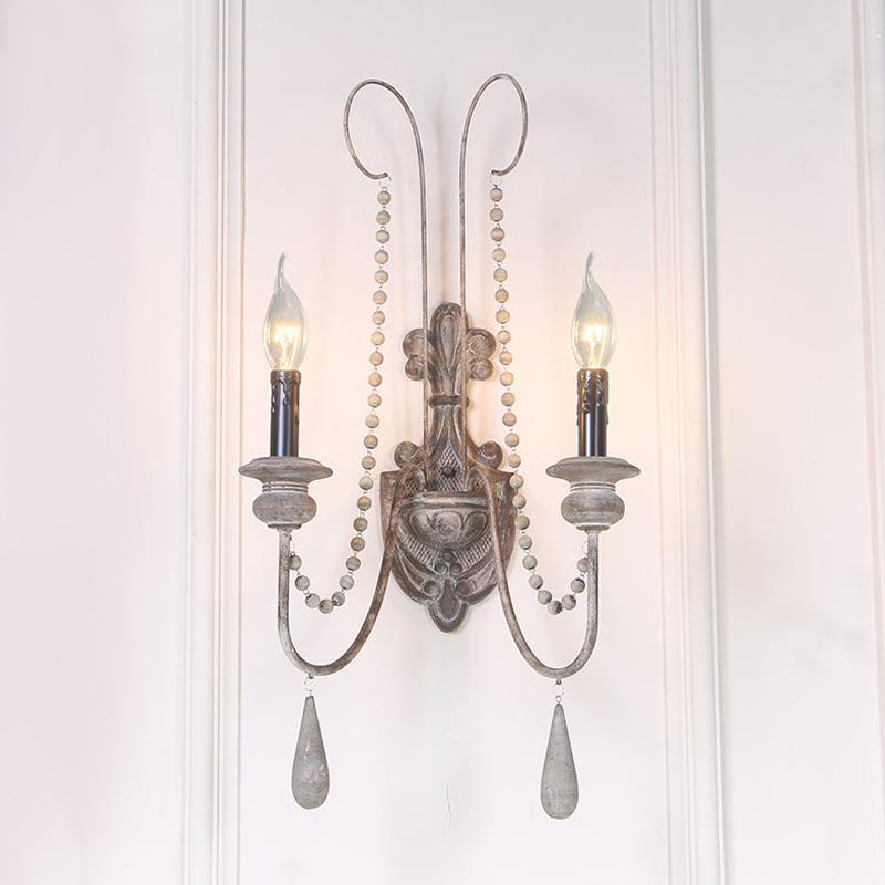 Vintage Grey Wood Sconce With 2 Candelabra Lights - Perfect For Wall-Mounted Bedroom Lighting