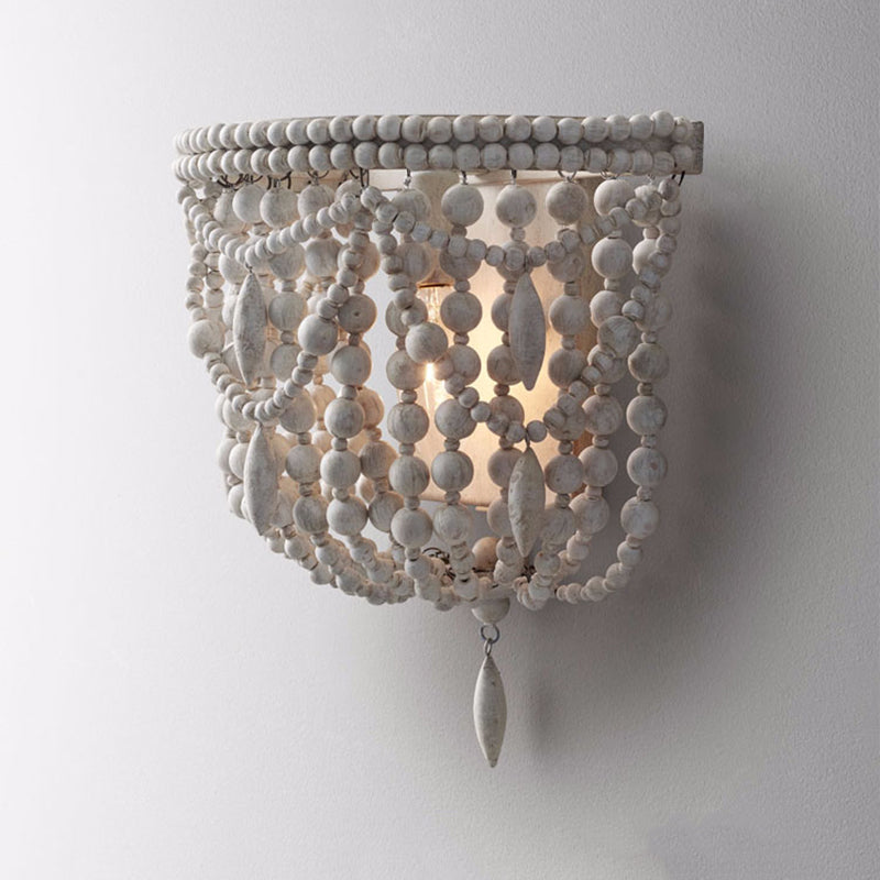 Vintage Wood Wall Mount Sconce Light - White Beaded 1-Light Fixture For Living Room