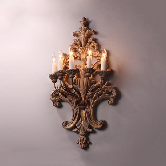 Vintage Wood Finish Metal Wall Mounted Candle Sconce With 5-Lights And Flower Grain Backplate