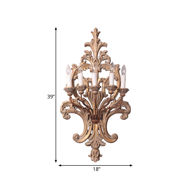 Vintage Wood Finish Metal Wall Mounted Candle Sconce With 5-Lights And Flower Grain Backplate