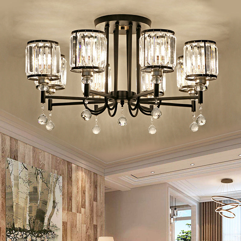 Modern Crystal Semi Flush Ceiling Light with Black Cylinder Design, Ideal for Bedroom