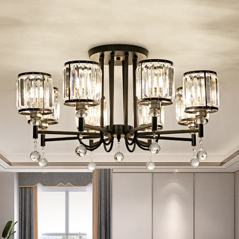 Modern Crystal Semi Flush Ceiling Light with Black Cylinder Design, Ideal for Bedroom