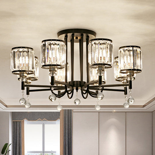 Modern Crystal Semi Flush Ceiling Light with Black Cylinder Design, Ideal for Bedroom