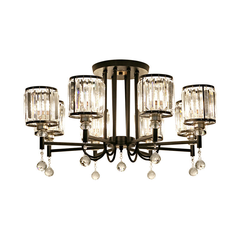 Modern Crystal Semi Flush Ceiling Light with Black Cylinder Design, Ideal for Bedroom