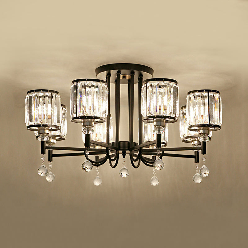 Modern Crystal Semi Flush Ceiling Light with Black Cylinder Design, Ideal for Bedroom