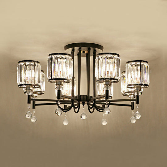 Modern Crystal Semi Flush Ceiling Light with Black Cylinder Design, Ideal for Bedroom