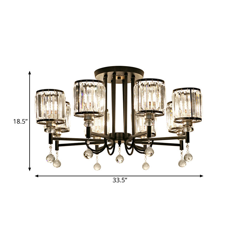 Modern Crystal Semi Flush Ceiling Light with Black Cylinder Design, Ideal for Bedroom