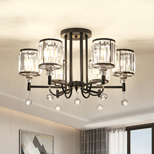 Modern Crystal Semi Flush Ceiling Light with Black Cylinder Design, Ideal for Bedroom