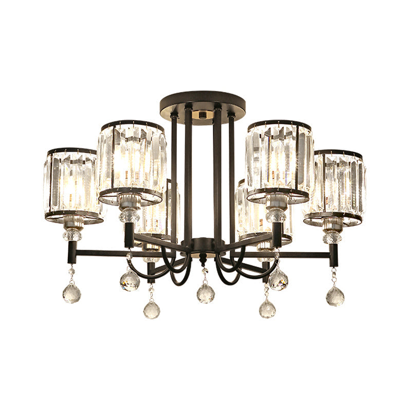 Modern Crystal Semi Flush Ceiling Light with Black Cylinder Design, Ideal for Bedroom