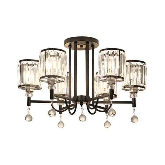 Modern Crystal Semi Flush Ceiling Light With Black Cylinder Design Ideal For Bedroom